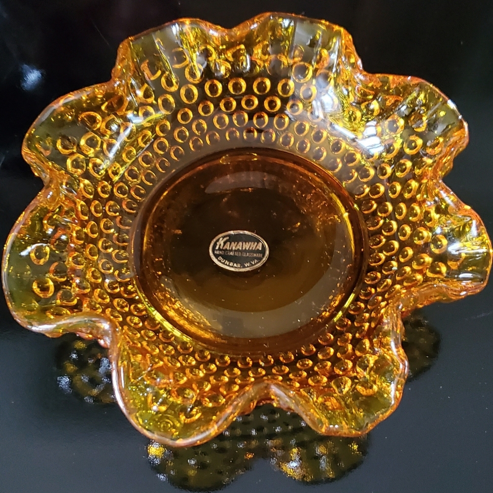 Vntg Handcrafted Kanawha Hobnail Amber Ruffled Bowl EUC